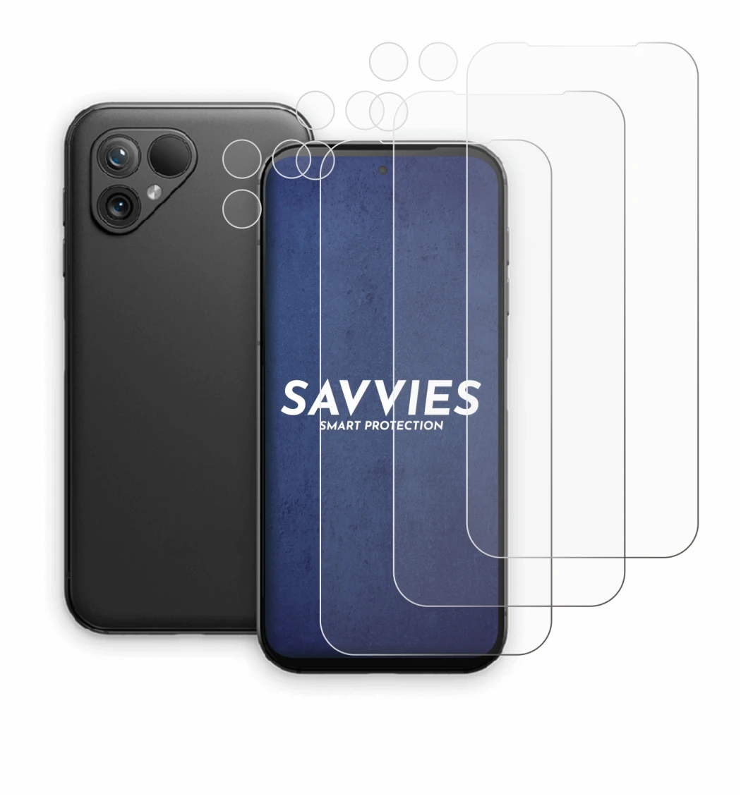 Abbildung des Geräts Fairphone 5 (Display+Kamera) mit einer Vielzahl des Displayschutzes.