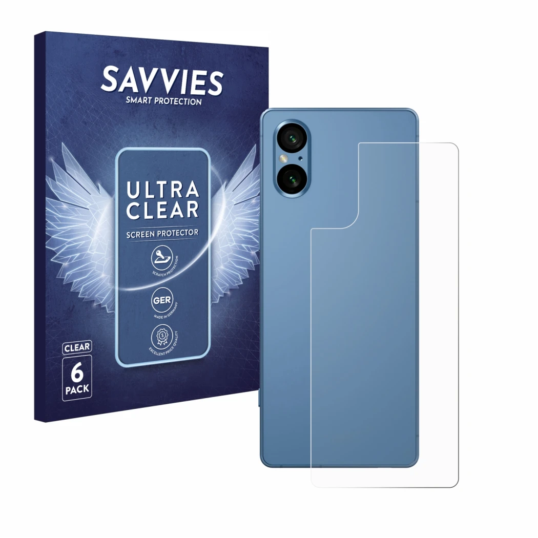Vorderseite einer Produktverpackung mit dem Markenlogo Savvies. Daneben ist das Gerät Sony Xperia 5 V (Rückseite) mit dem zuge