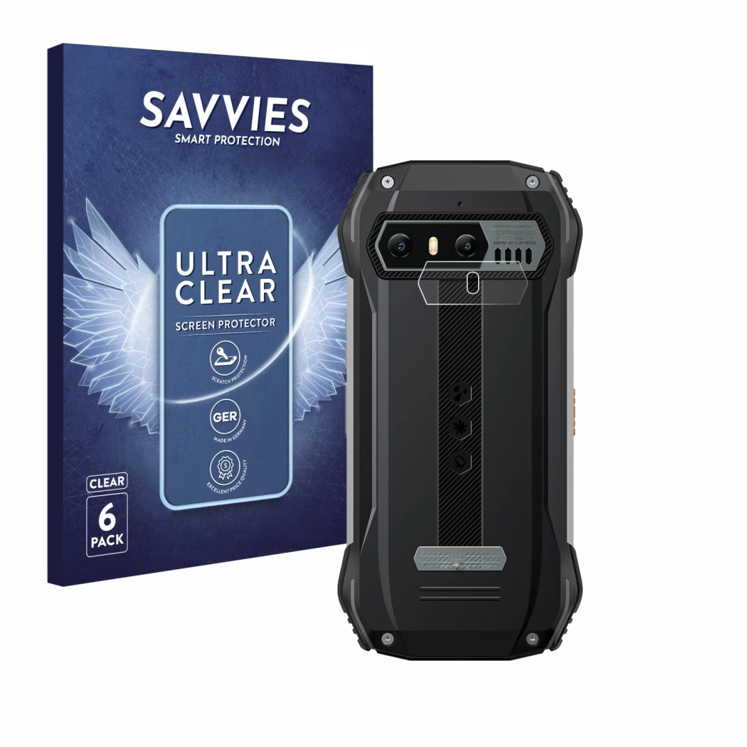 Vorderseite einer Produktverpackung mit dem Markenlogo Savvies. Daneben ist das Gerät Blackview N6000 (NUR Kameraschutz) mit d