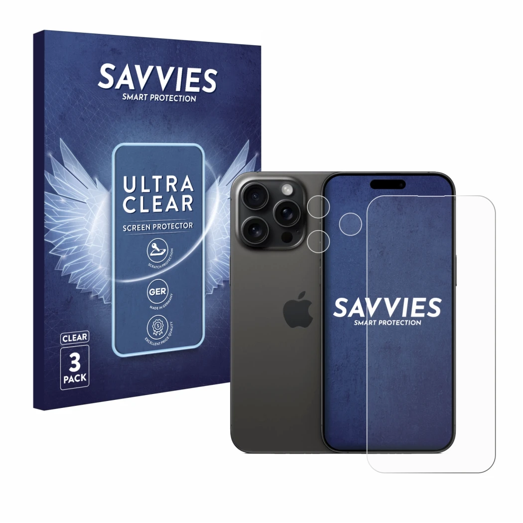 Vorderseite einer Produktverpackung mit dem Markenlogo Savvies. Daneben ist das Gerät Apple iPhone 15 Pro Max (Display+Kamera)