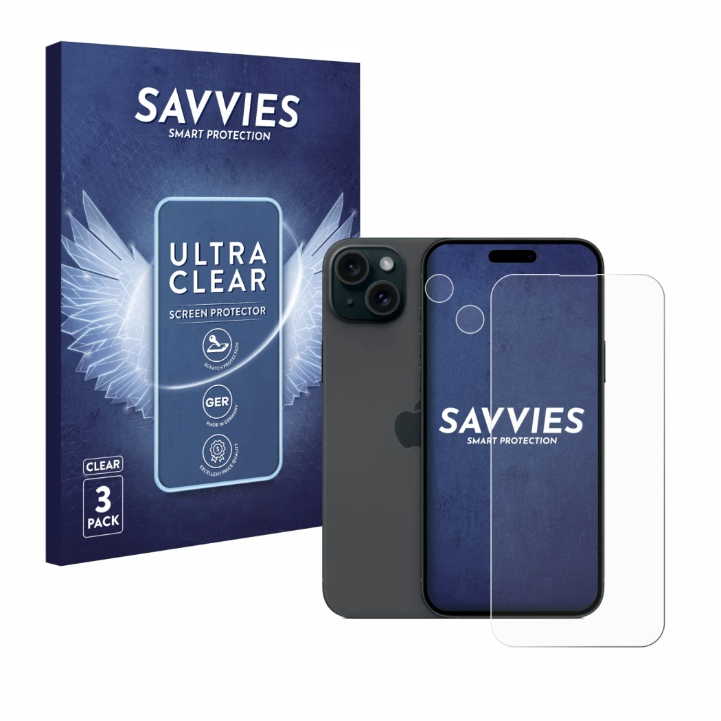Vorderseite einer Produktverpackung mit dem Markenlogo Savvies. Daneben ist das Gerät Apple iPhone 15 Plus (Display+Kamera) mi