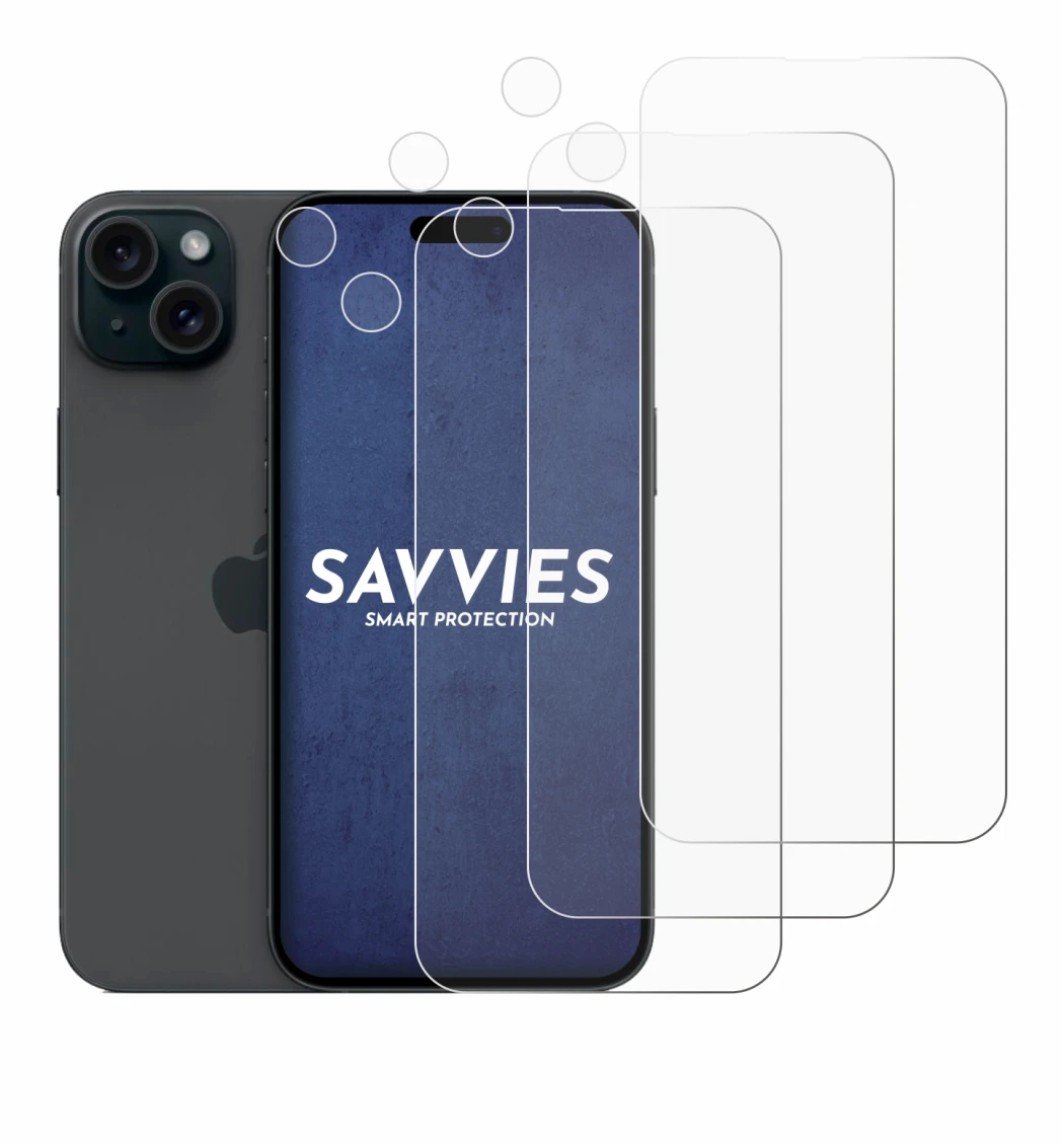 Abbildung des Geräts Apple iPhone 15 Plus (Display+Kamera) mit einer Vielzahl des Displayschutzes.