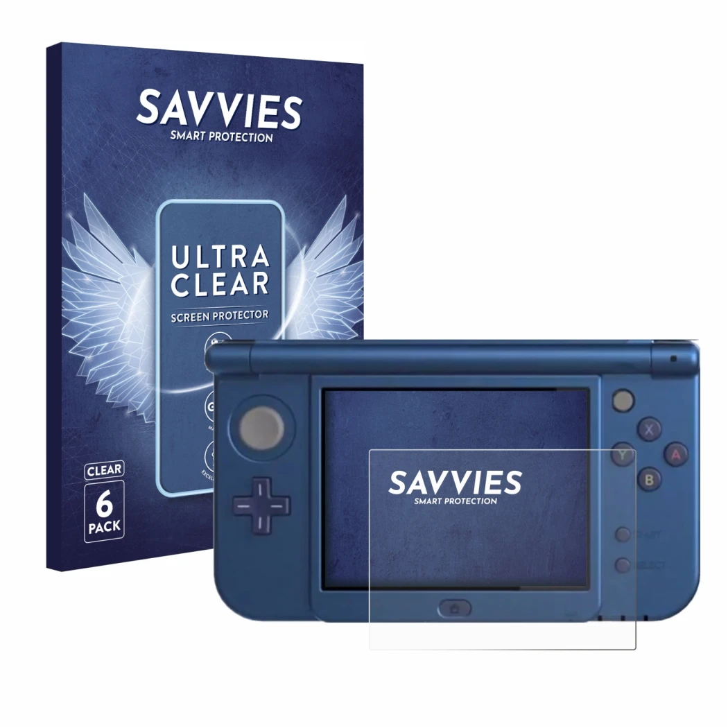 Vorderseite einer Produktverpackung mit dem Markenlogo Savvies. Daneben ist das Gerät Nintendo New 3DS XL (Unteres Display) mi