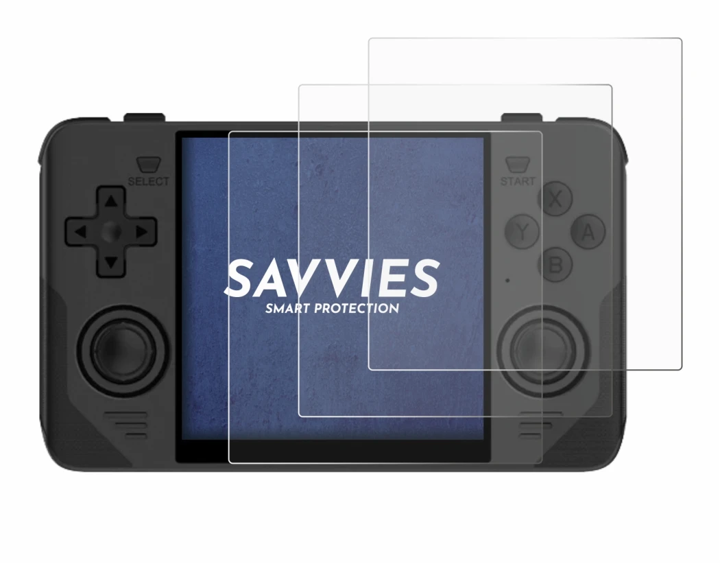 Abbildung des Geräts Powkiddy RGB30 mit einer Vielzahl des Displayschutzes.