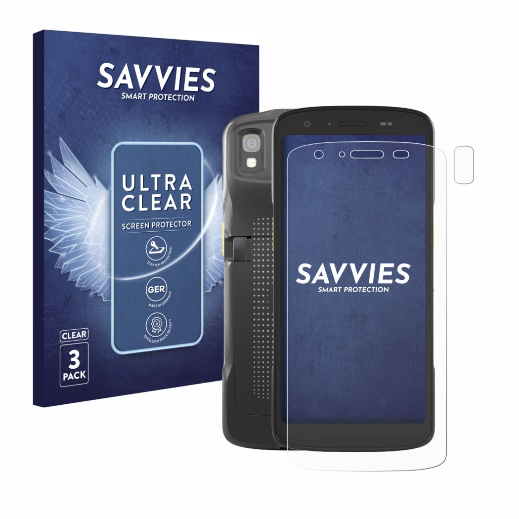 Vorderseite einer Produktverpackung mit dem Markenlogo Savvies. Daneben ist das Gerät Zebra TC27 (Display+Kamera) mit dem zuge