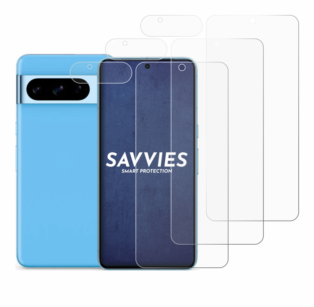 Abbildung des Geräts Google Pixel 8 Pro (Display+Kamera) mit einer Vielzahl des Displayschutzes.