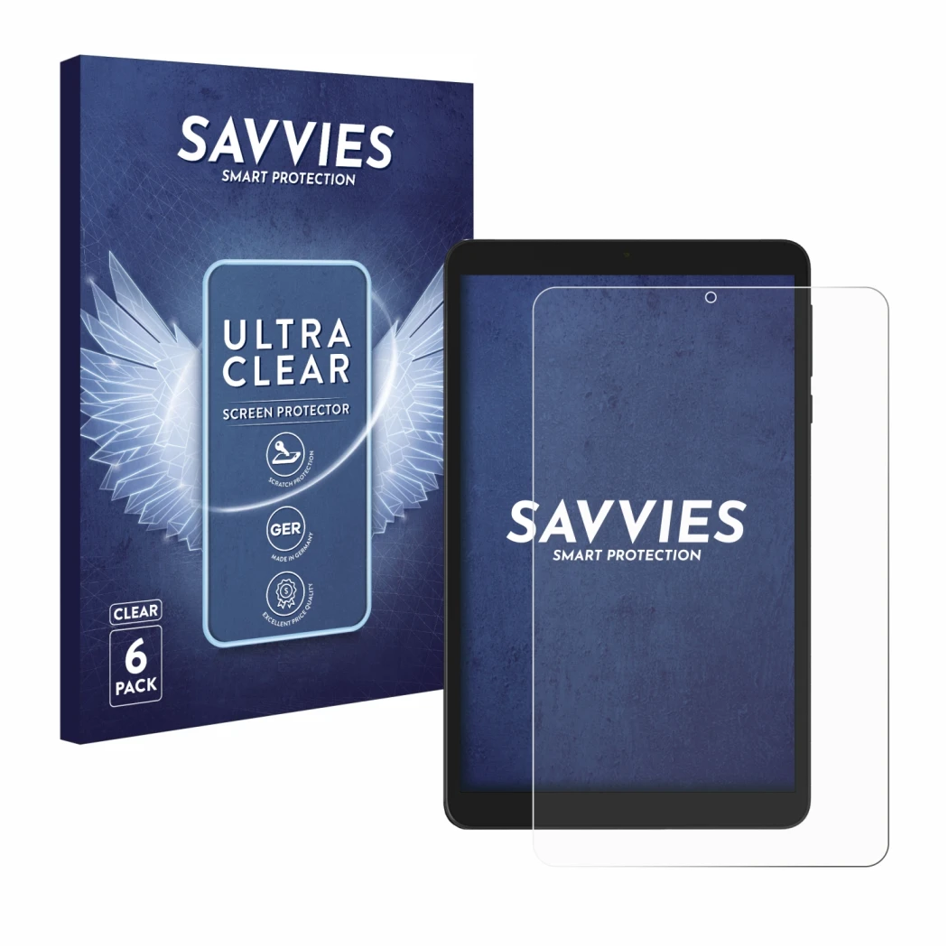 Vorderseite einer Produktverpackung mit dem Markenlogo Savvies. Daneben ist das Gerät Doogee T20 Mini mit dem zugehörigen Disp