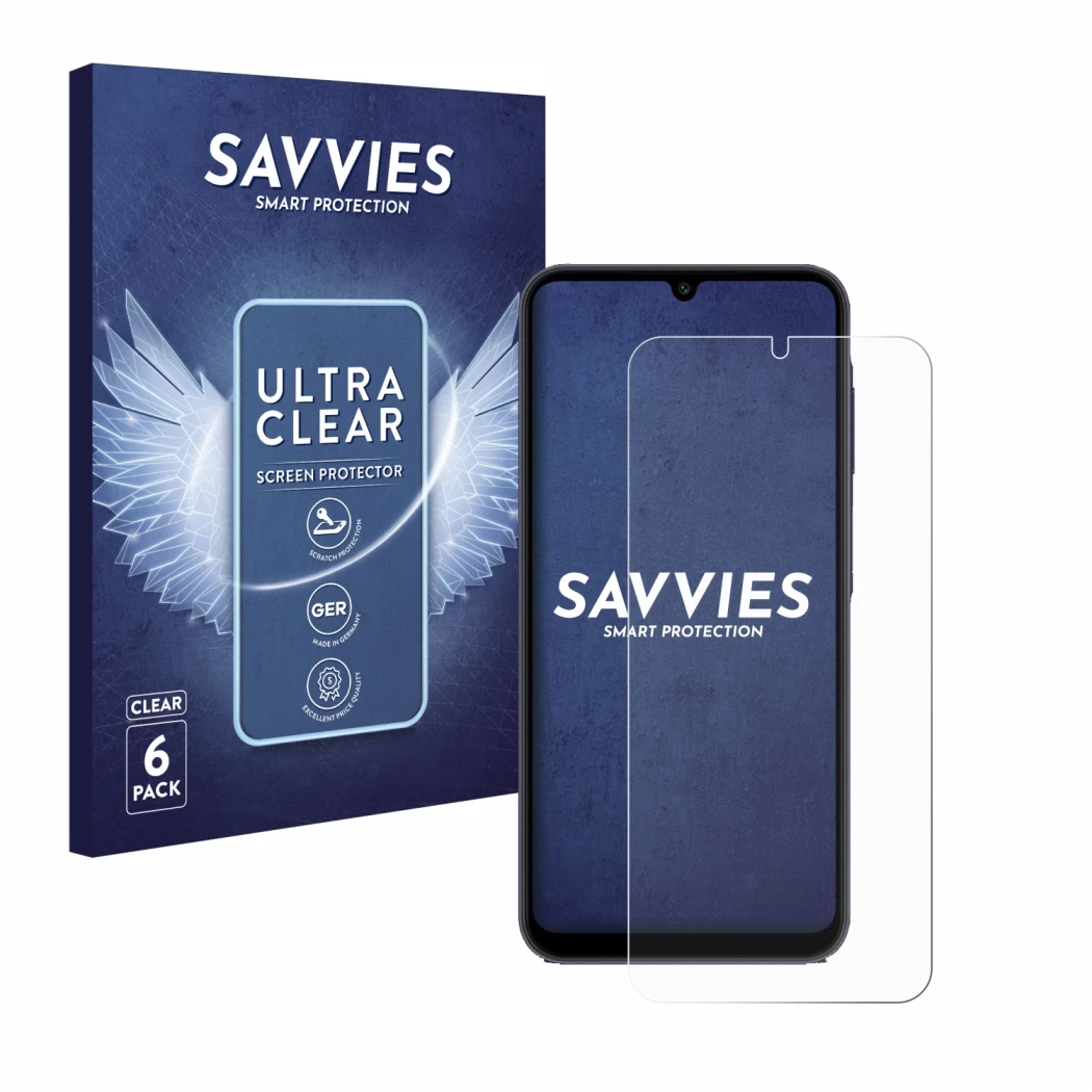 Vorderseite einer Produktverpackung mit dem Markenlogo Savvies. Daneben ist das Gerät Samsung Galaxy A25 5G mit dem zugehörige