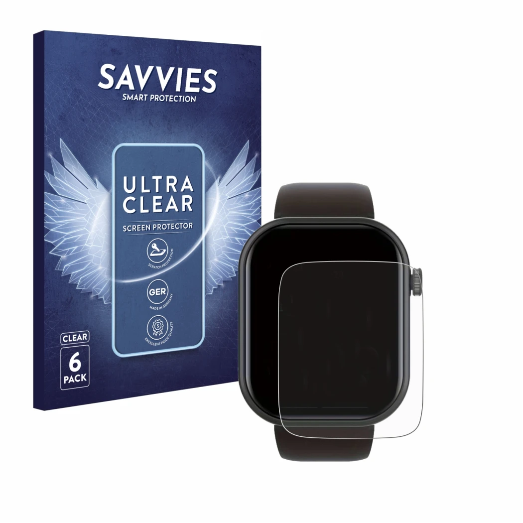 Vorderseite einer Produktverpackung mit dem Markenlogo Savvies. Daneben ist das Gerät Smartwatch IDW15 1.8