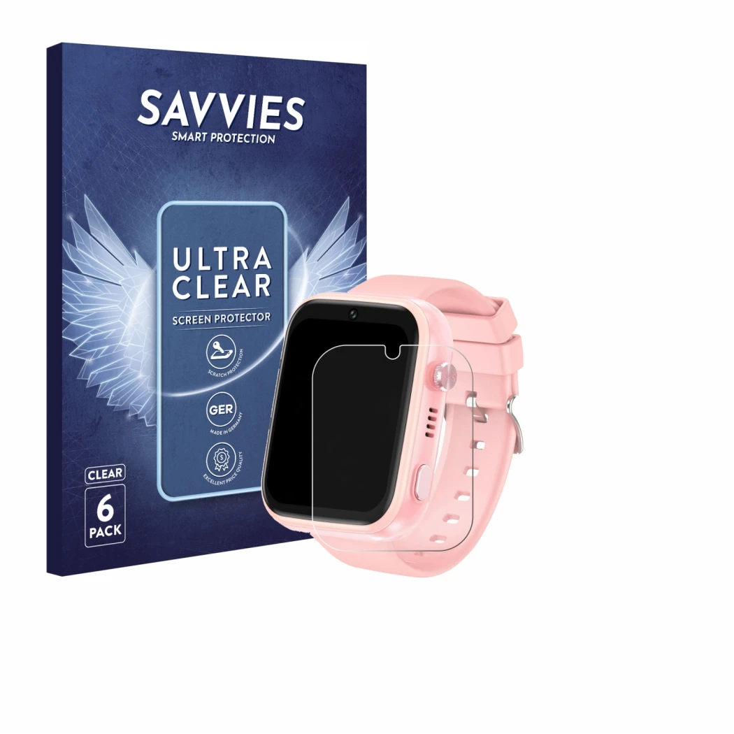 Vorderseite einer Produktverpackung mit dem Markenlogo Savvies. Daneben ist das Gerät jianyana 4G Kids Smartwatch mit dem zuge