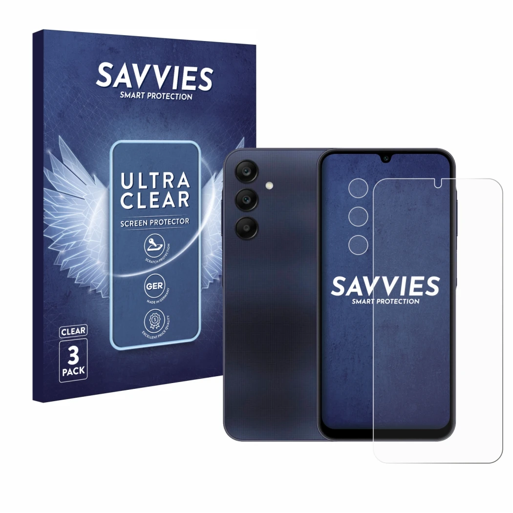 Vorderseite einer Produktverpackung mit dem Markenlogo Savvies. Daneben ist das Gerät Samsung Galaxy A25 5G (Display+Kamera) m