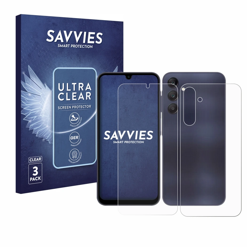 Vorderseite einer Produktverpackung mit dem Markenlogo Savvies. Daneben ist das Gerät Samsung Galaxy A25 5G (Display+Rückseite