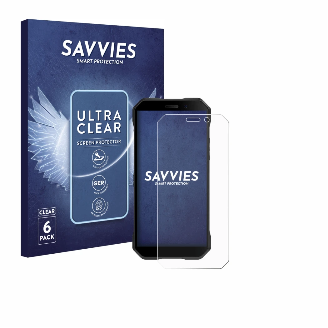 Vorderseite einer Produktverpackung mit dem Markenlogo Savvies. Daneben ist das Gerät Doogee S61 Pro mit dem zugehörigen Displ