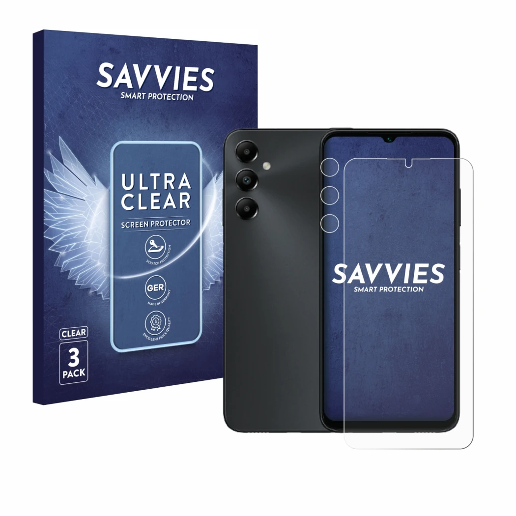Vorderseite einer Produktverpackung mit dem Markenlogo Savvies. Daneben ist das Gerät Samsung Galaxy A05s (Display+Kamera) mit