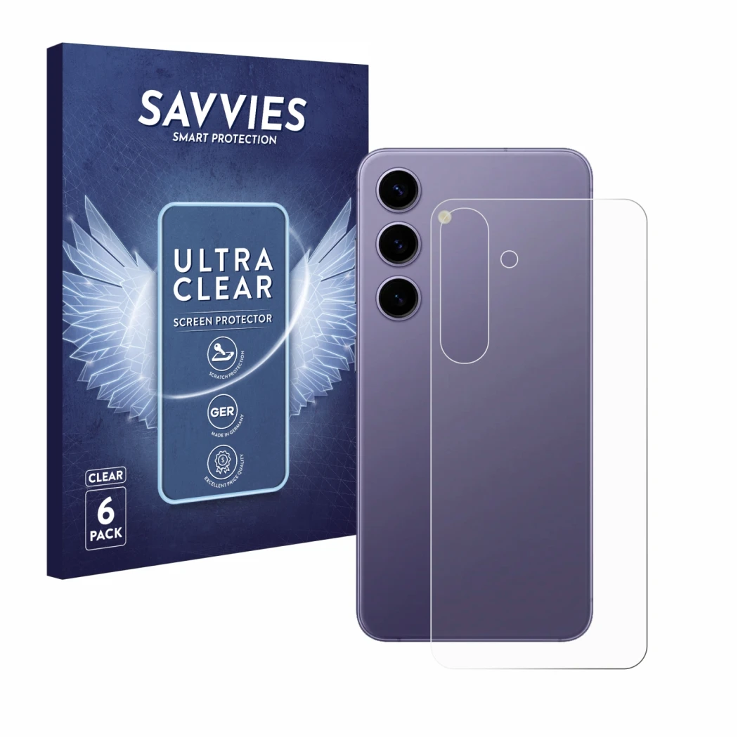 Vorderseite einer Produktverpackung mit dem Markenlogo Savvies. Daneben ist das Gerät Samsung Galaxy S24 (Rückseite) mit dem z