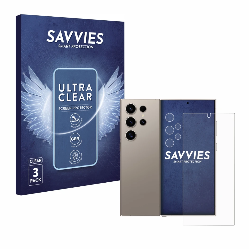 Vorderseite einer Produktverpackung mit dem Markenlogo Savvies. Daneben ist das Gerät Samsung Galaxy S24 Ultra (case-friendly)