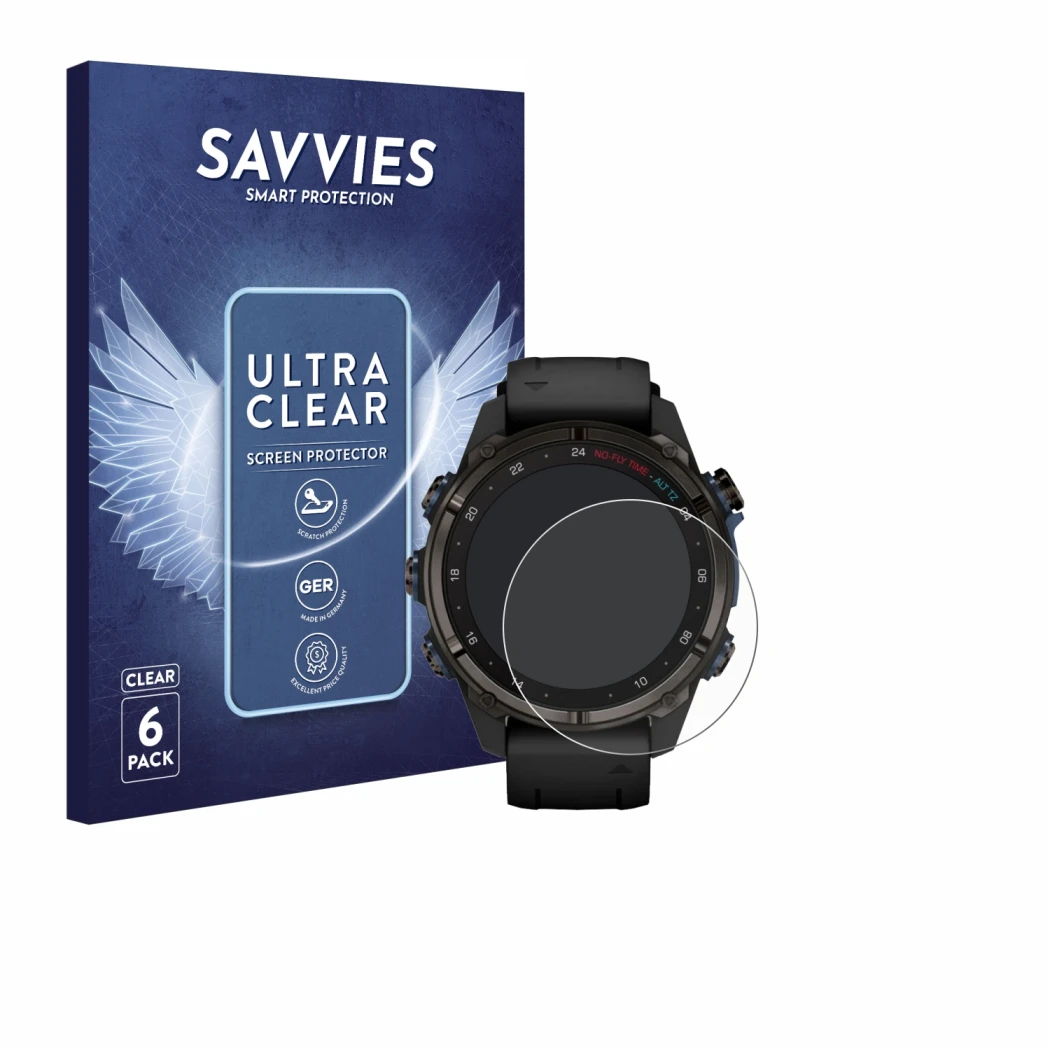 Vorderseite einer Produktverpackung mit dem Markenlogo Savvies. Daneben ist das Gerät Garmin Descent Mk3i (43 mm) mit dem zuge