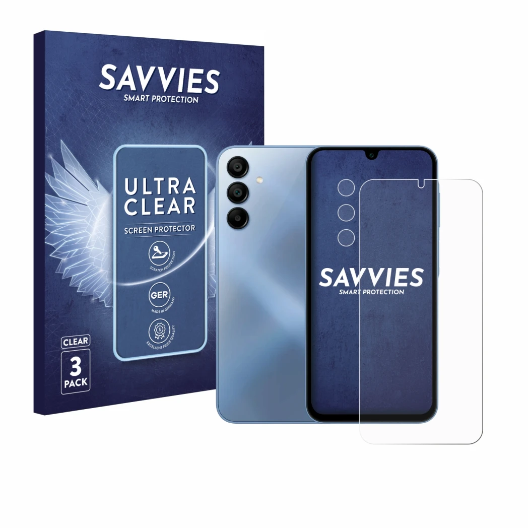 Vorderseite einer Produktverpackung mit dem Markenlogo Savvies. Daneben ist das Gerät Samsung Galaxy A15 (Display+Kamera) mit 