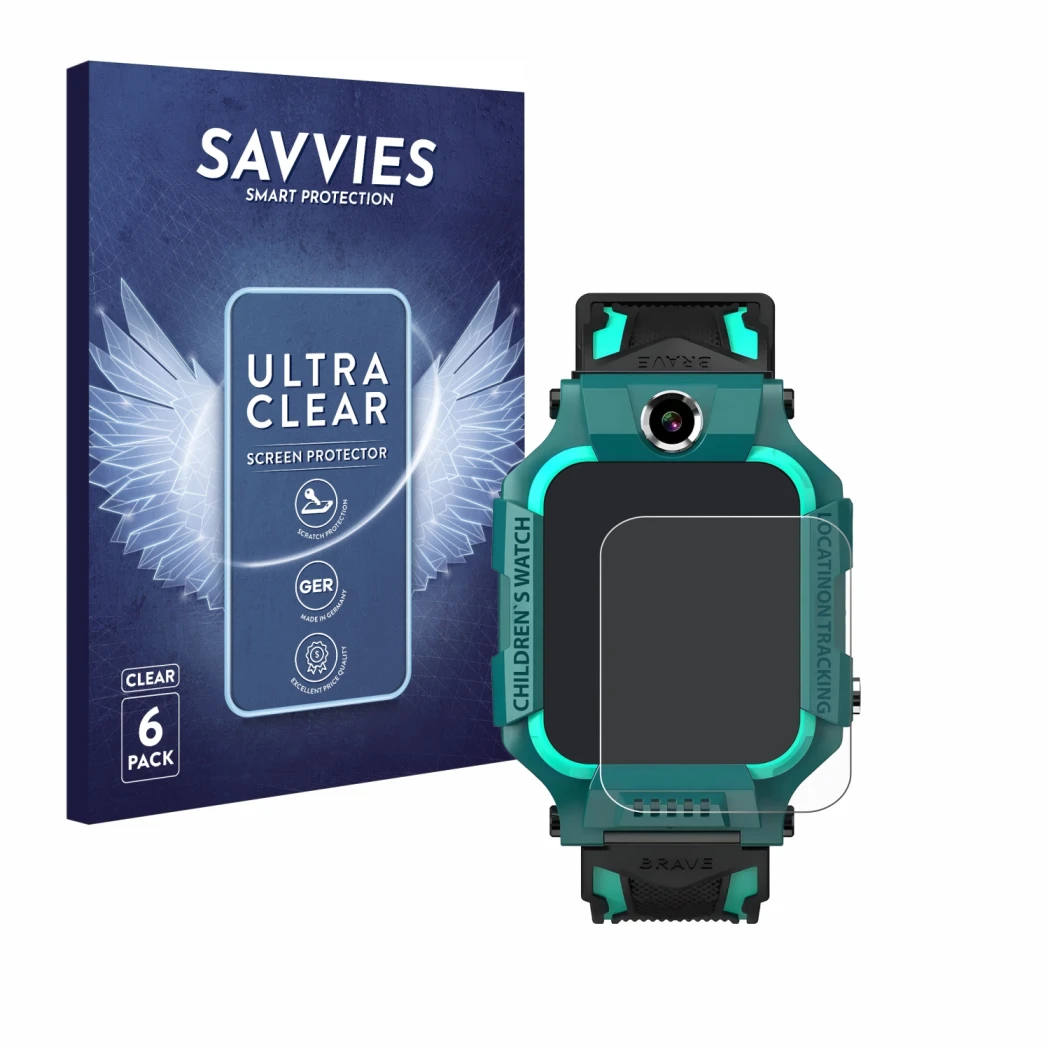 Vorderseite einer Produktverpackung mit dem Markenlogo Savvies. Daneben ist das Gerät Retoo Smartwatch 1.44