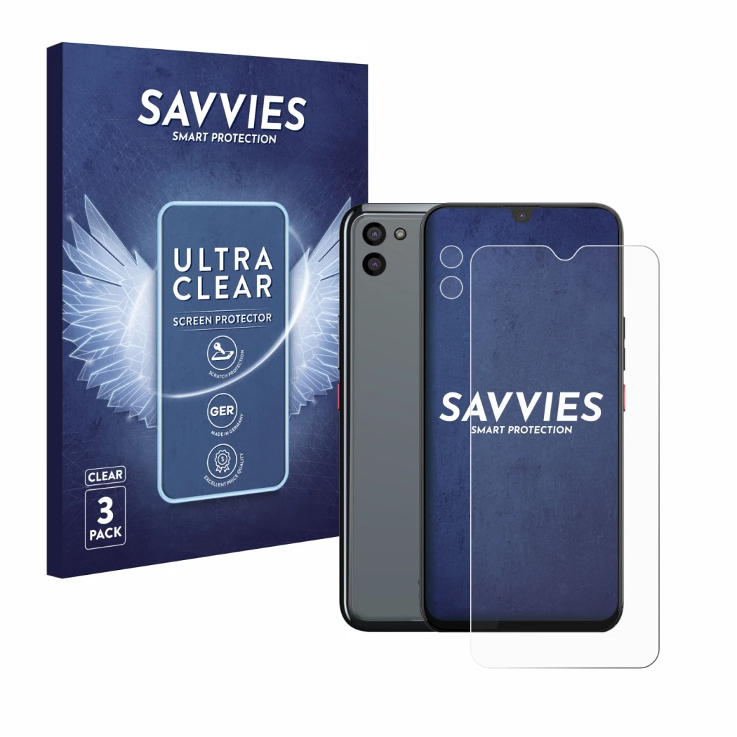 Vorderseite einer Produktverpackung mit dem Markenlogo Savvies. Daneben ist das Gerät Gigaset GS5 PRO SE (Display+Kamera) mit 