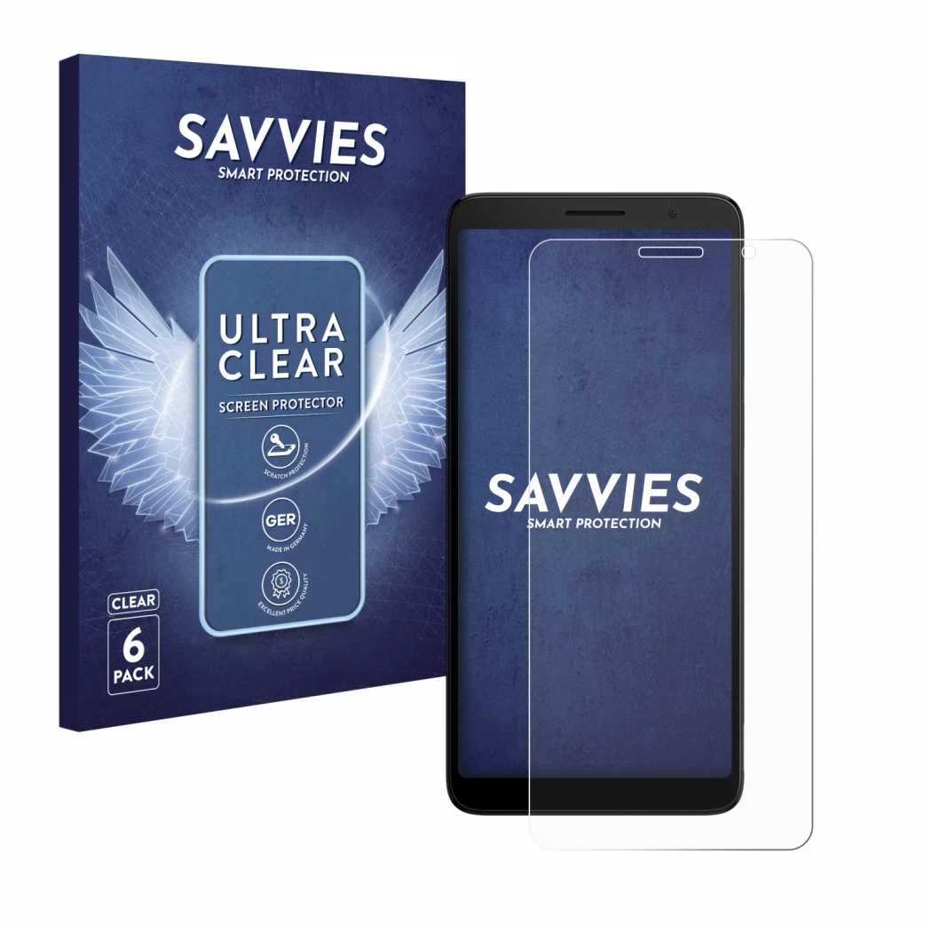 Vorderseite einer Produktverpackung mit dem Markenlogo Savvies. Daneben ist das Gerät TCL 501 mit dem zugehörigen Displayschut
