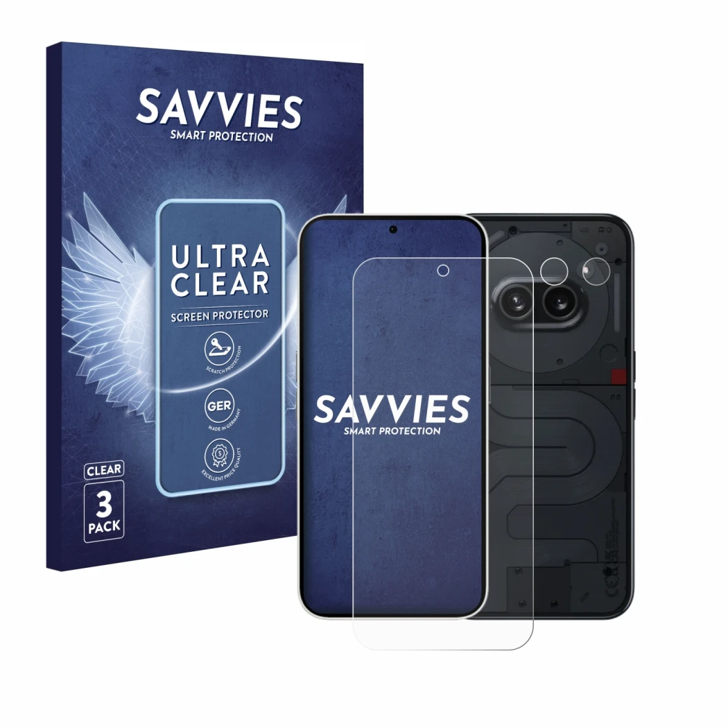 Vorderseite einer Produktverpackung mit dem Markenlogo Savvies. Daneben ist das Gerät Nothing Phone (2a) (Display+Kamera) mit 