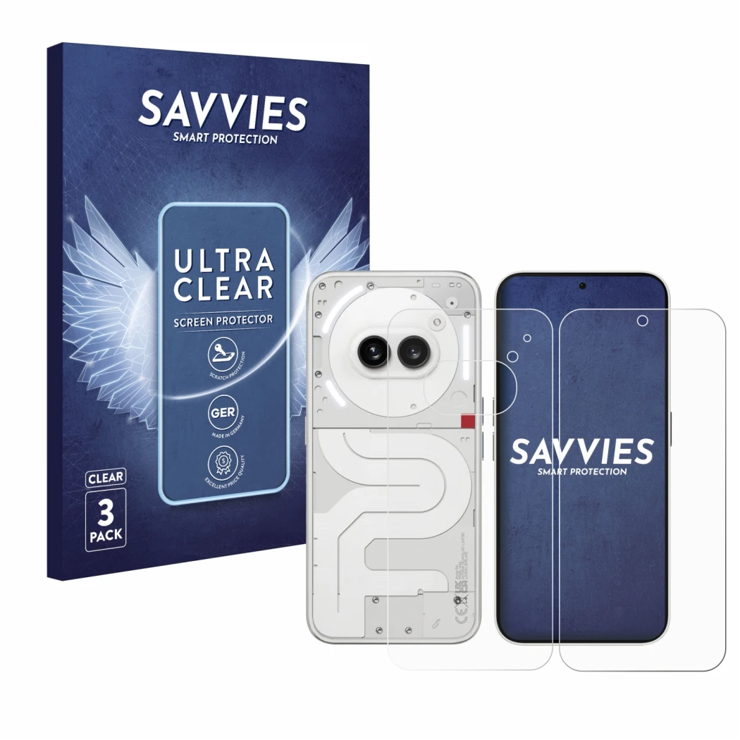 Vorderseite einer Produktverpackung mit dem Markenlogo Savvies. Daneben ist das Gerät Nothing Phone (2a) (Display+Rückseite) m