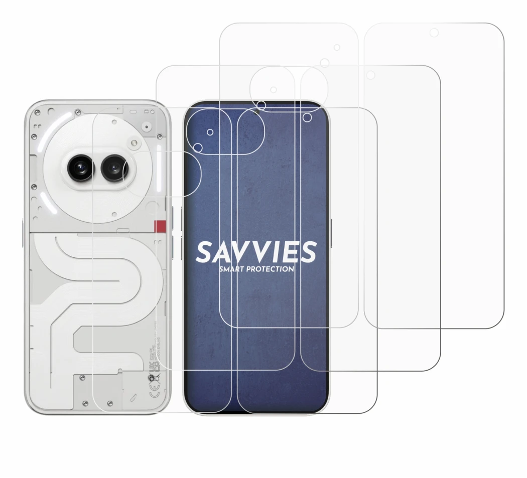 Abbildung des Geräts Nothing Phone (2a) (Display+Rückseite) mit einer Vielzahl des Displayschutzes.
