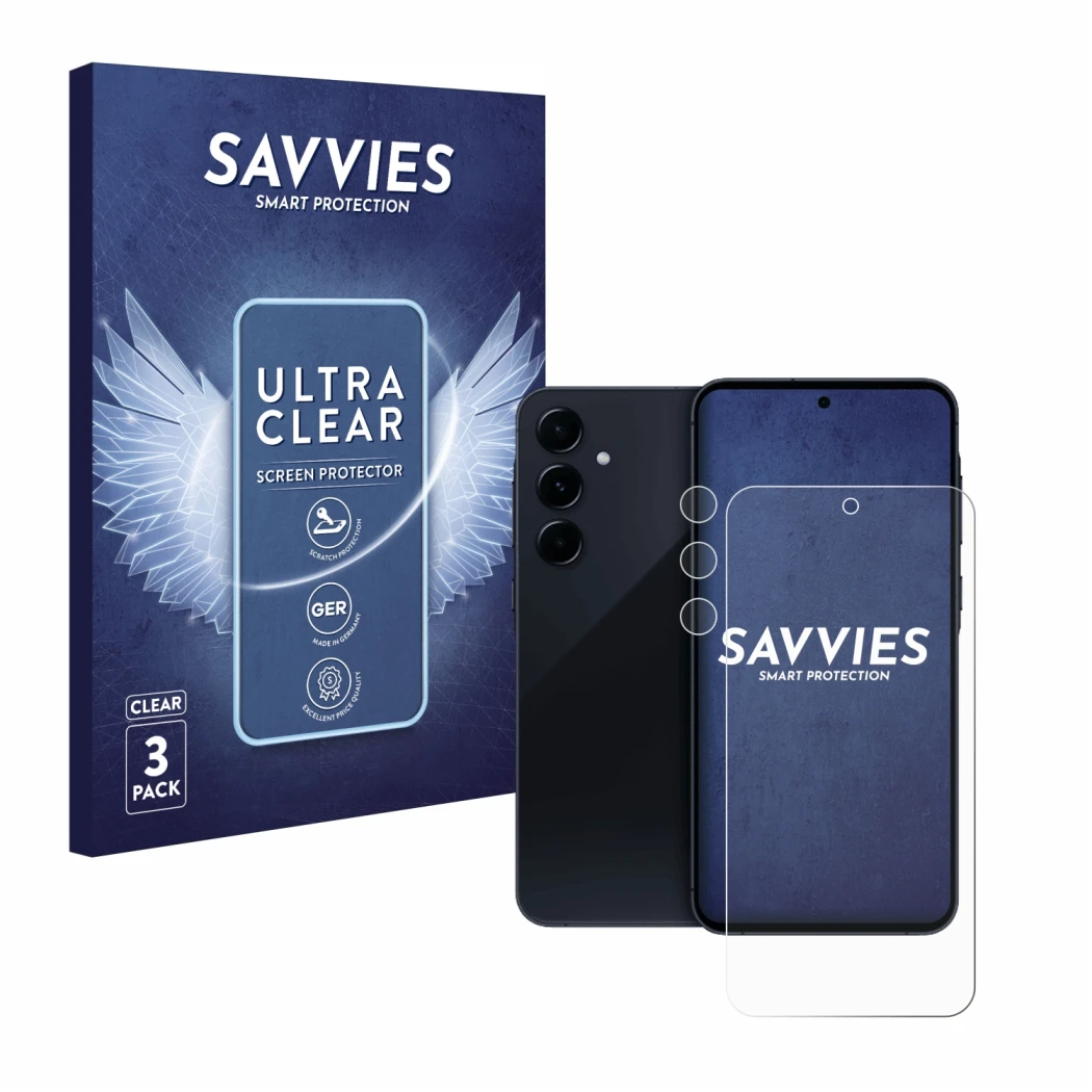Vorderseite einer Produktverpackung mit dem Markenlogo Savvies. Daneben ist das Gerät Samsung Galaxy A55 5G (Display+Kamera) m