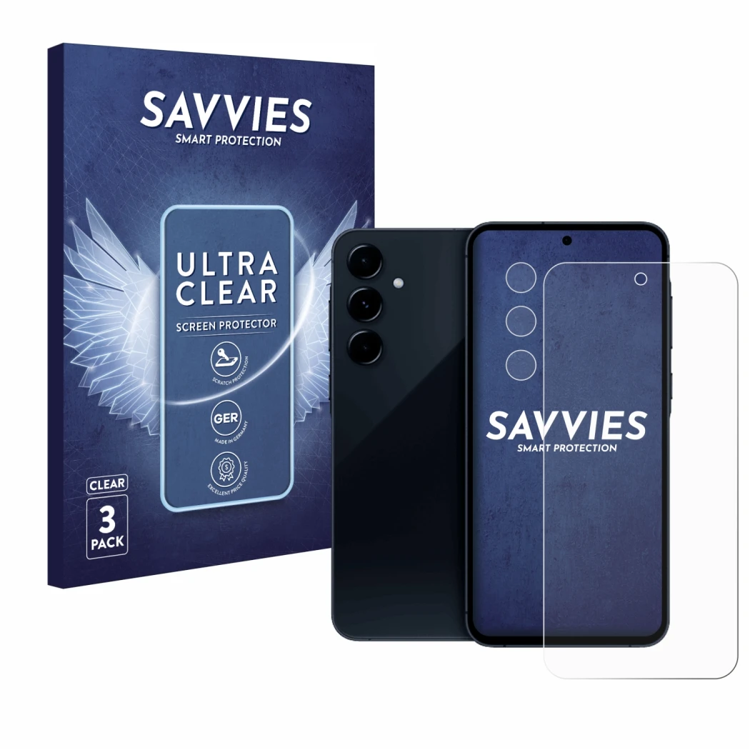 Vorderseite einer Produktverpackung mit dem Markenlogo Savvies. Daneben ist das Gerät Samsung Galaxy A35 5G (Display+Kamera) m