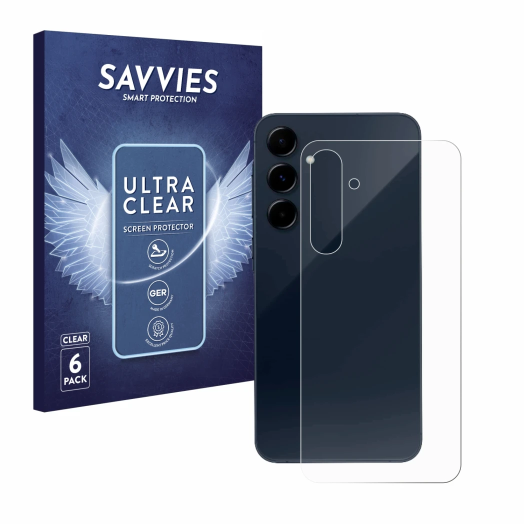 Vorderseite einer Produktverpackung mit dem Markenlogo Savvies. Daneben ist das Gerät Samsung Galaxy A35 5G (Rückseite) mit de