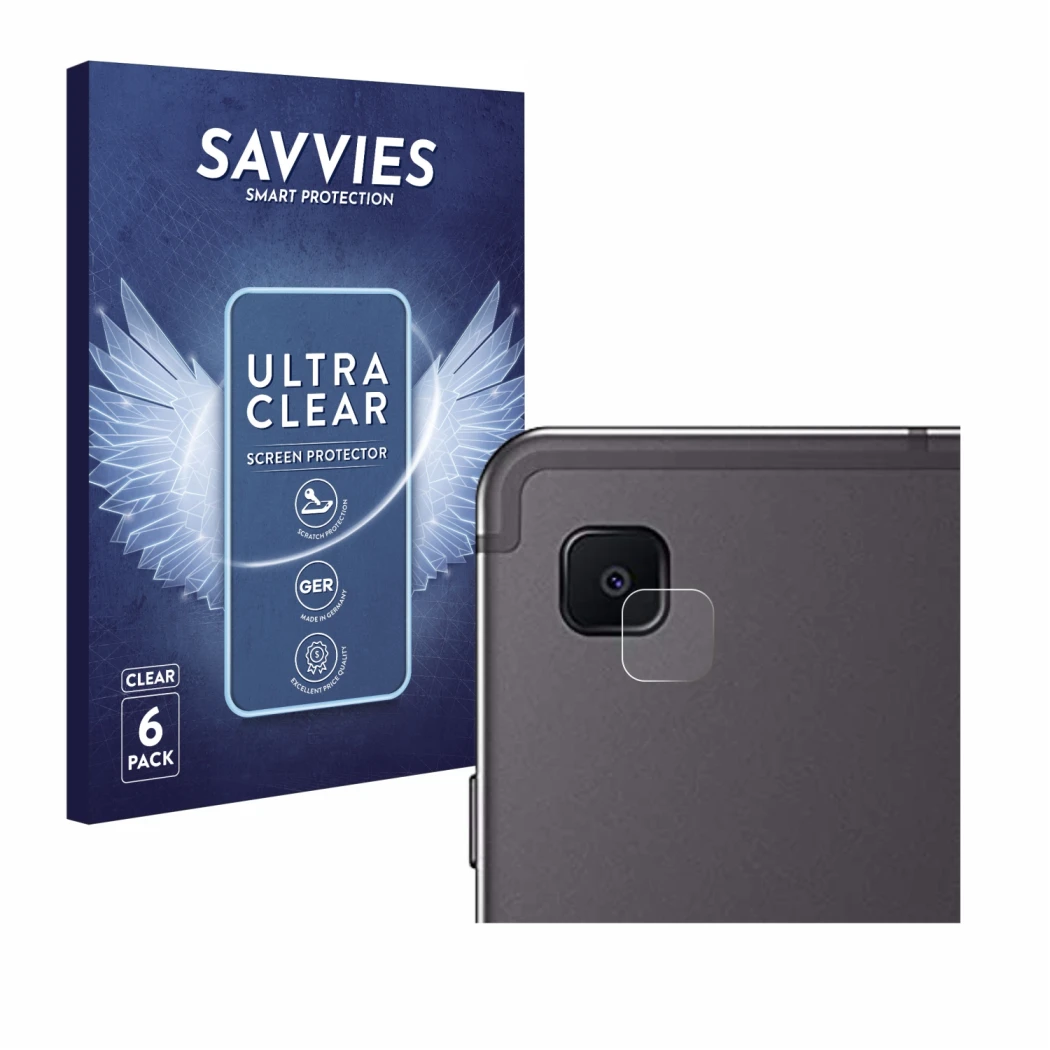 Vorderseite einer Produktverpackung mit dem Markenlogo Savvies. Daneben ist das Gerät Samsung Galaxy Tab S6 Lite WiFi 2024 (NU