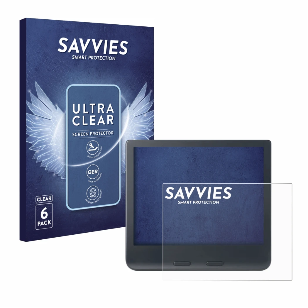 Vorderseite einer Produktverpackung mit dem Markenlogo Savvies. Daneben ist das Gerät Kobo Libra Colour 2024 mit dem zugehörig