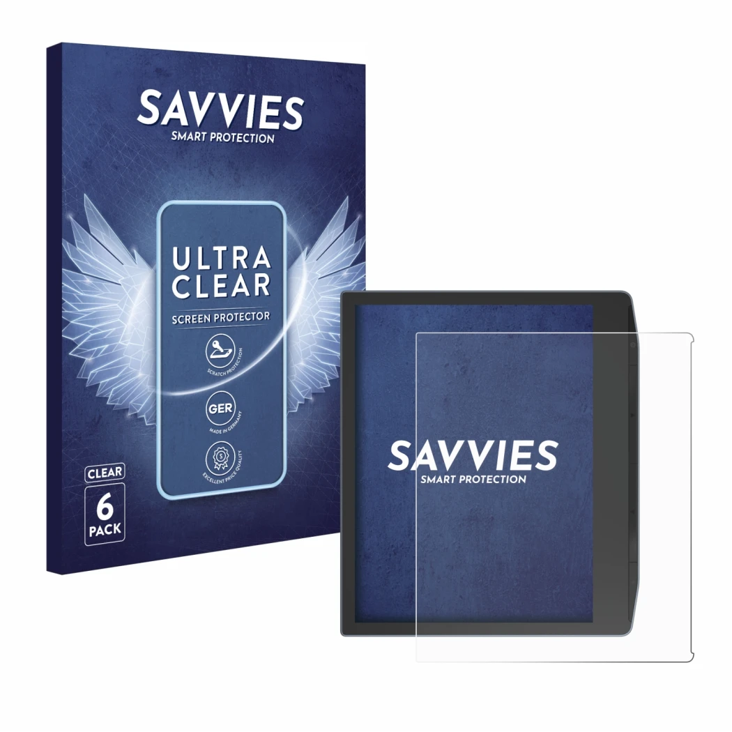 Vorderseite einer Produktverpackung mit dem Markenlogo Savvies. Daneben ist das Gerät PocketBook Era Color mit dem zugehörigen
