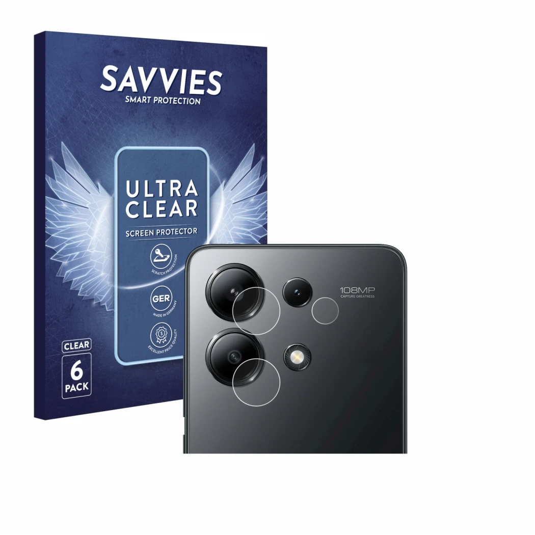 Vorderseite einer Produktverpackung mit dem Markenlogo Savvies. Daneben ist das Gerät Xiaomi Redmi Note 13 4G (NUR Kameraschut