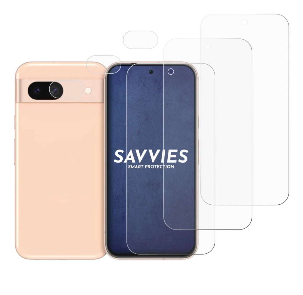 Abbildung des Geräts Google Pixel 8a (Display+Kamera) mit einer Vielzahl des Displayschutzes.