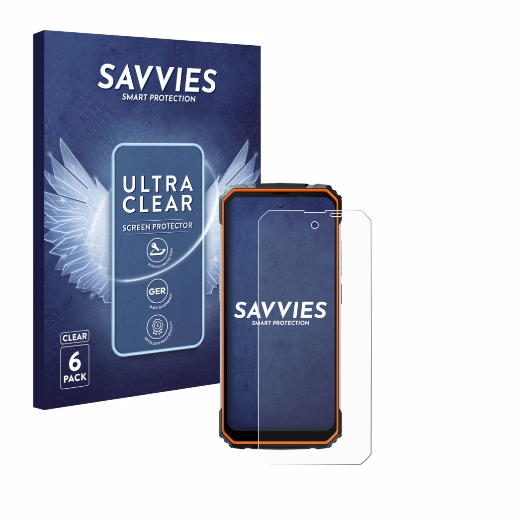 Vorderseite einer Produktverpackung mit dem Markenlogo Savvies. Daneben ist das Gerät Blackview BV8100 mit dem zugehörigen Dis