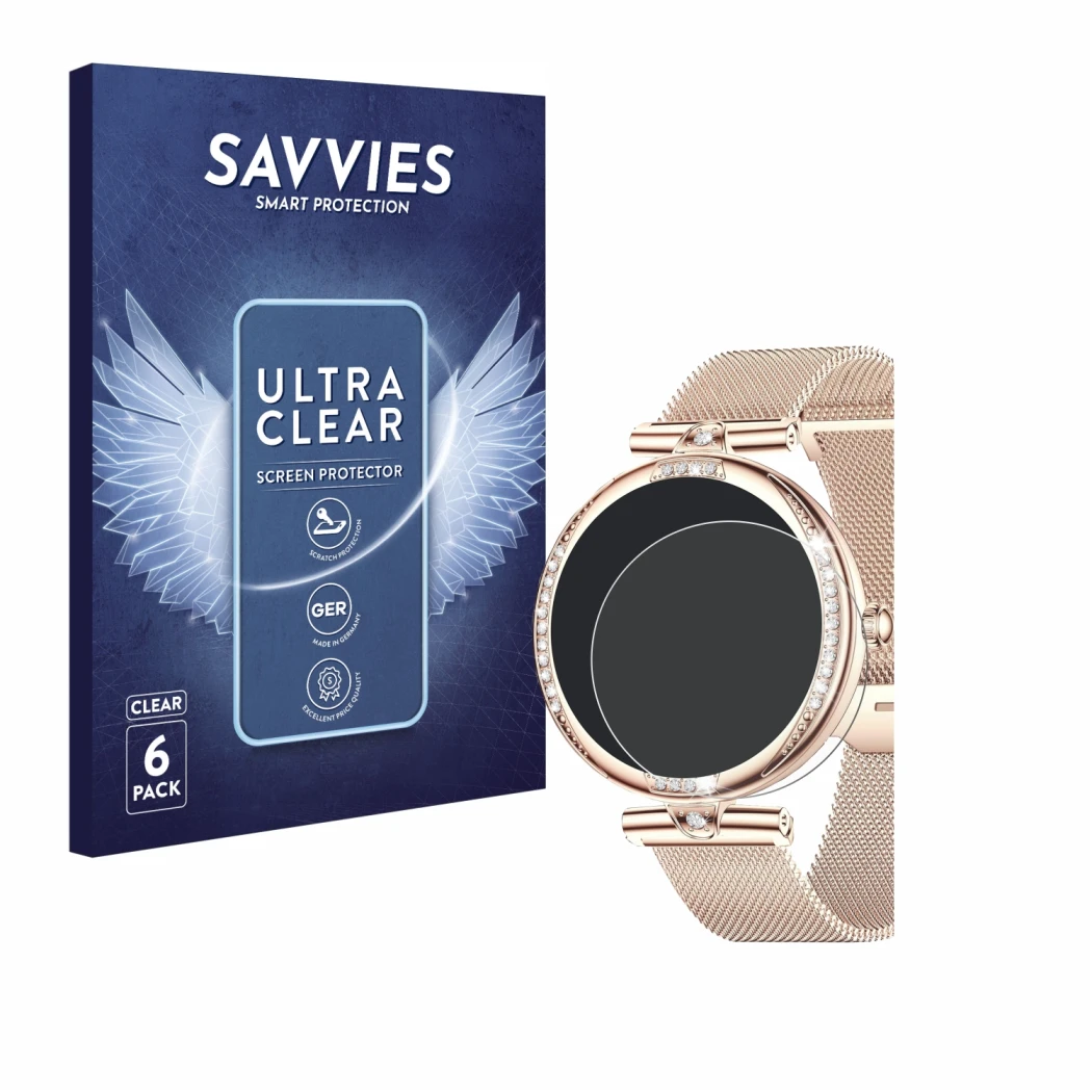 Vorderseite einer Produktverpackung mit dem Markenlogo Savvies. Daneben ist das Gerät Shepatio Smartwatch 1.19