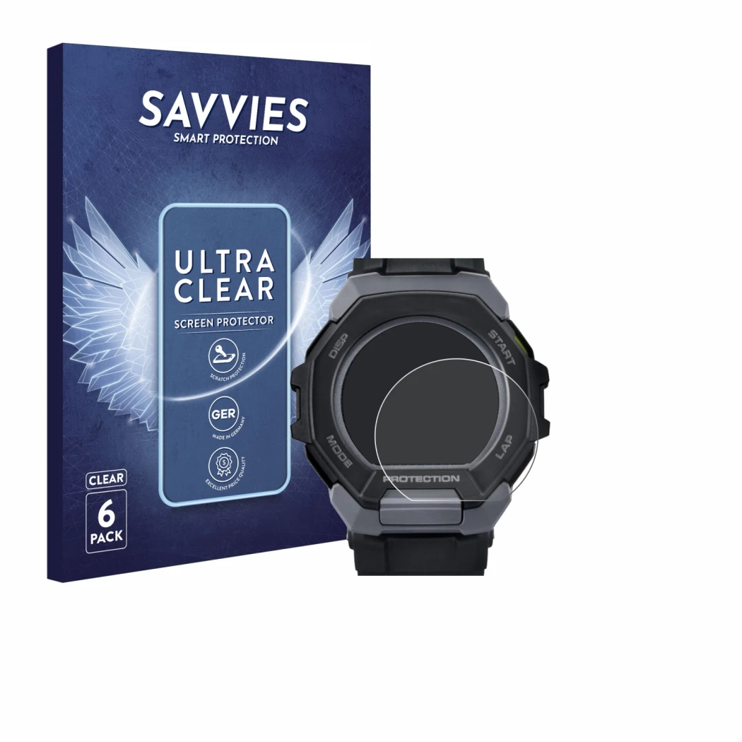 Vorderseite einer Produktverpackung mit dem Markenlogo Savvies. Daneben ist das Gerät Casio G-Shock G-Squad GBD-300 mit dem zu