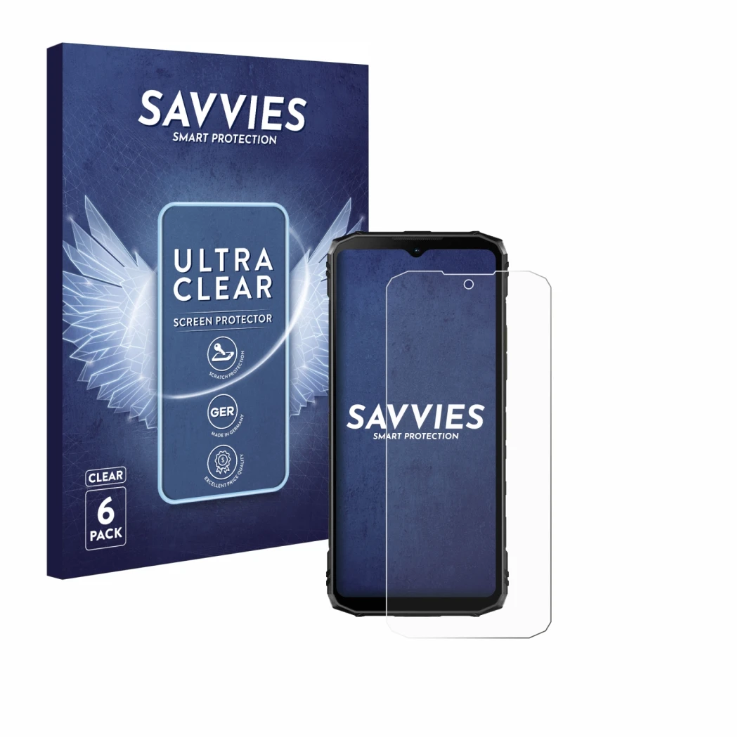 Vorderseite einer Produktverpackung mit dem Markenlogo Savvies. Daneben ist das Gerät Doogee Blade 10 Ultra mit dem zugehörige