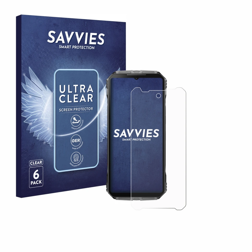 Vorderseite einer Produktverpackung mit dem Markenlogo Savvies. Daneben ist das Gerät Doogee V40 Pro mit dem zugehörigen Displ