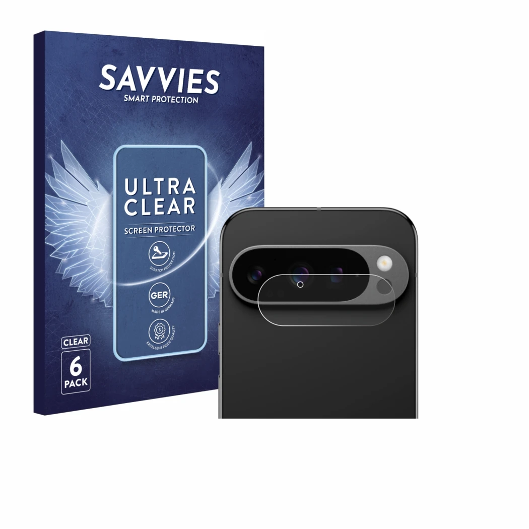 Vorderseite einer Produktverpackung mit dem Markenlogo Savvies. Daneben ist das Gerät Google Pixel 9 Pro (NUR Kameraschutz) mi