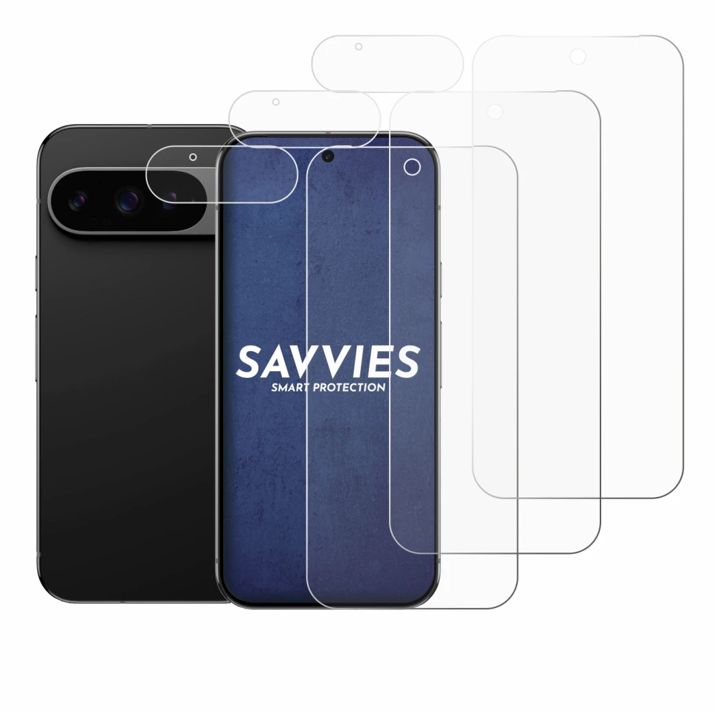 Abbildung des Geräts Google Pixel 9 Pro (Display+Kamera) mit einer Vielzahl des Displayschutzes.