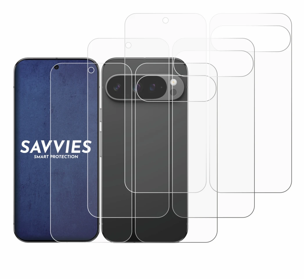 Abbildung des Geräts Google Pixel 9 Pro XL (Display+Rückseite) mit einer Vielzahl des Displayschutzes.