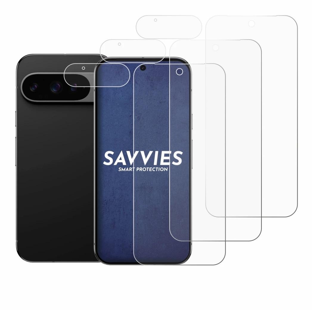 Abbildung des Geräts Google Pixel 9 Pro XL (Display+Kamera) mit einer Vielzahl des Displayschutzes.