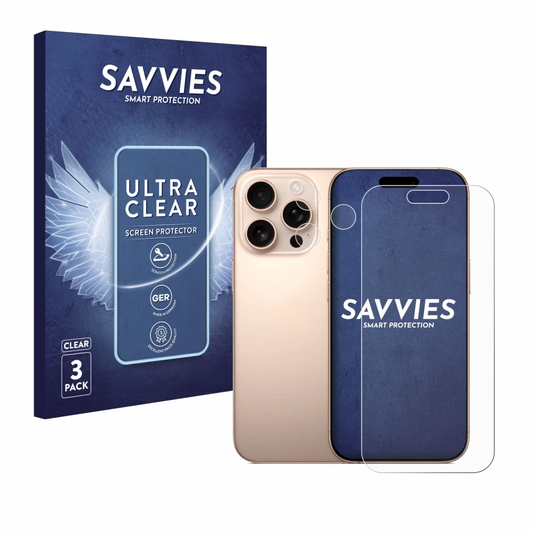 Vorderseite einer Produktverpackung mit dem Markenlogo Savvies. Daneben ist das Gerät Apple iPhone 16 Pro (Display+Kamera) mit