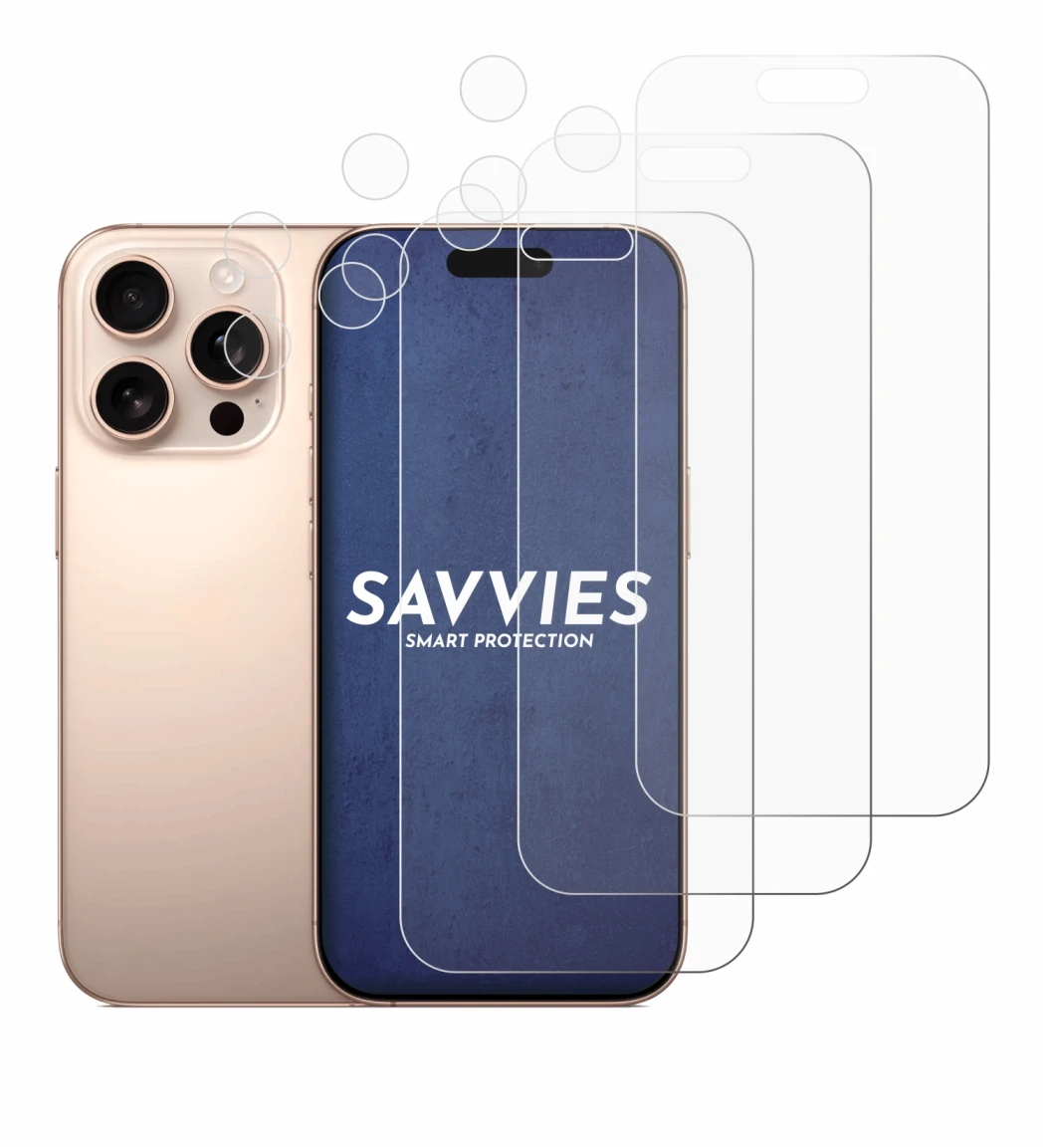 Abbildung des Geräts Apple iPhone 16 Pro (Display+Kamera) mit einer Vielzahl des Displayschutzes.