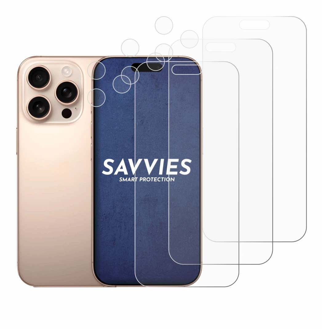 Abbildung des Geräts Apple iPhone 16 Pro Max (Display+Kamera) mit einer Vielzahl des Displayschutzes.