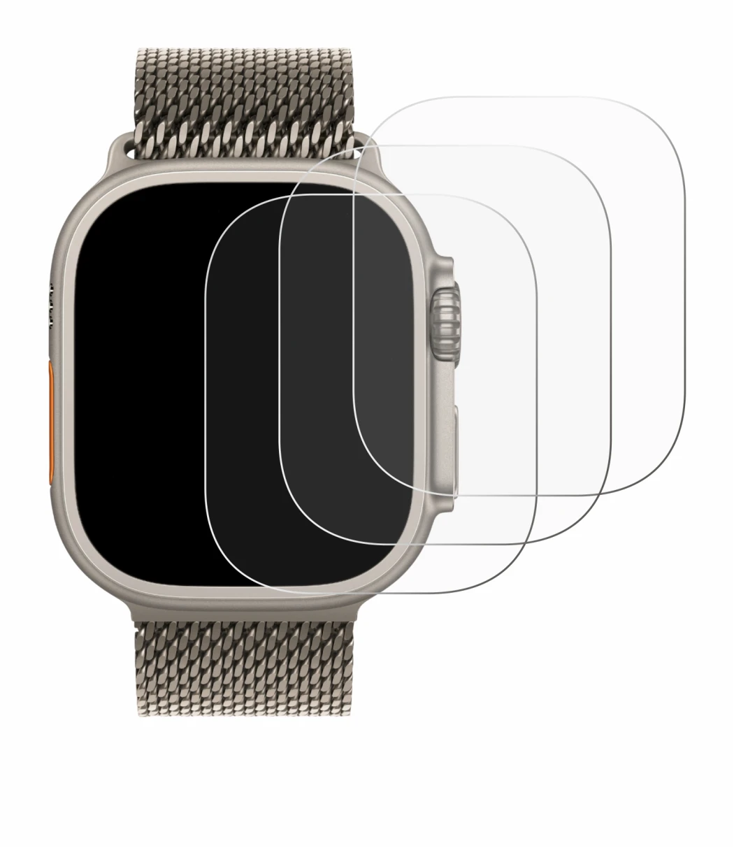 Abbildung des Geräts Apple Watch Ultra 3 mit einer Vielzahl des Displayschutzes.
