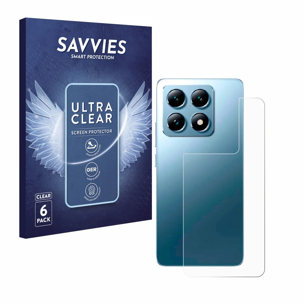 Vorderseite einer Produktverpackung mit dem Markenlogo Savvies. Daneben ist das Gerät Xiaomi 14T Pro (Rückseite) mit dem zugeh